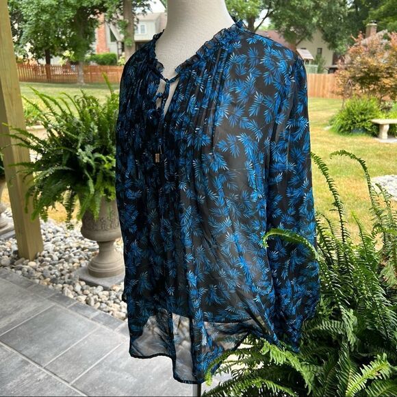 PLUS SIZE Liz Claiborne Sheer Long-sleeved Blouse Blue & Black size XXL - Picture 2 of 10